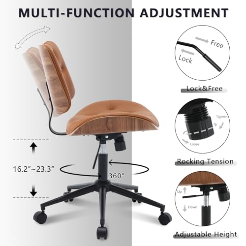 Armless Home Office Chair in Button Style, PU Leather Small, Brown | PU Leather Adjustable Height Computer Desk Chair, 360 Swivel Small No Arms Office Seat, Walnut Design Stool, 300LBS Cap - color: Brown, size: Button Style