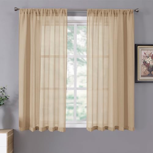 Tollpiz Short Sheer Curtains Linen Textured Bedroom Curtain Sheers Light Filtering Rod Pocket Voile Curtains for Living Room, 54 x 45 inches Long, Beige, Set of 2 Panels - color: Beige, size: 54"W x 45"L (Pack of 2)