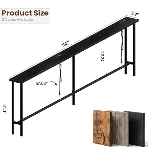 GRLEAF 102 Inch Narrow Sofa Table with Power Outlets, Extra Long Console Table Behind Couch Table with Charging Station, Skinny Entryway Table Thin Table for Living Room, Narrow Spaces (Black) - color: Black, size: 102IN