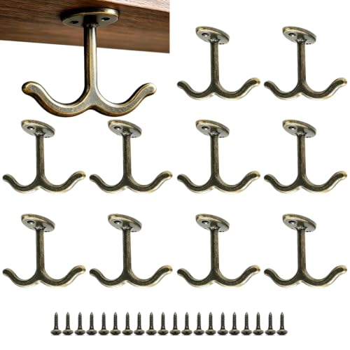 10 Pcs Zinc Alloy Ceiling Double Hook Cabinet Wardrobe Coat Towel Hat Hook Hooks Under Cabinet Shelf (Antique Bronze) - color: Antique Bronze