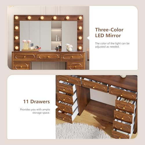 Fluted Vanity Desk with Mirror and Lights, Power Outlets, Modern Wood Vanity Desk Makeup Table with 11 Drawers, 3 Color Modes Dressing Table with Storage for Bedroom, Living Room, Walnut - style: Walnut
