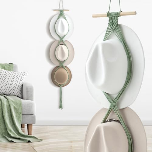 Macrame Hat Hangers Racks Boho Cowboy Hats Holders Western Display Organizer Storage decor Back of Door for Wall(Sage Green,Three Hats Style) - color: Sage Green, style: Three Hats Style