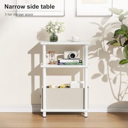 Apicizon Narrow Side Table with Fabric Basket, 3-Tier End Table, White | Sofa Side Table, Wood Storage Shelf, Slim Nightstand, Skinny Bedside Table for Narrow Spaces, Living Room, Bedroom - color: White, style: Narrow Side Table with Basket
