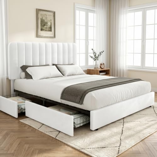VECELO Full Size Upholstered Bed Frame with 4 Drawers and Headboard, Velvet Platform Storage Bedframe, Wooden Slats Support, No Box Spring Needed,Snow-White - color: Snow-white, size: Full, style: Bed Frame with Drawer