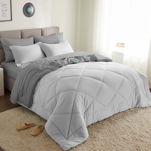 Joiedomi Queen Comforter Set with Sheets Light Grey, 7 Pieces Queen Bed Set with 1 Down Alternative Comforter, 1 Flat Sheet, 1 Fitted Sheet, 2 Pillowcases and 2 Pillow Shams, Bed in a Bag All Seasons - color: Light Grey, size: Queen