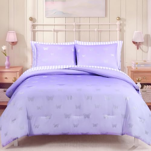 Twin Comforter Set with Sheets for Girls-5 Pieces Twin Bedding Sets | Soft Bed in a Bag, Lightweight Comforter with Pillowcases & Shams, Foil Butterfly , 66" X 86" - color: Silver Butterfly, size: Twin