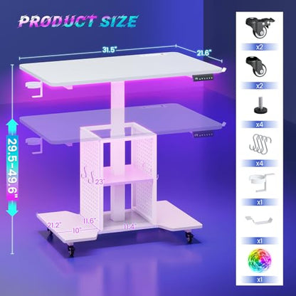 SEDETA Small Standing Gaming Desk, 31.5" Rolling Computer PC Desk Electric Height Adjustable with Power Outlet, Pegboard & Storage Shelves, RGB LED Light, for Small Spaces/Bedroom/Gaming, White - color: White