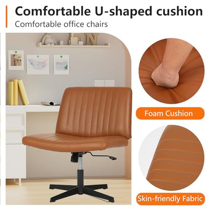 FDW | Criss Cross Chair Without Wheels | Brown | Armless Desk Chair | With Wide Seat, 360 Swivel, Height Adjustable & Stable Metal Base | for Office, Home Office, Vanity Seating | Pack of 1 - color: Brown, style: Without Wheels