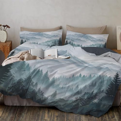 Duvet Cover,Microfiber Reversible Mist-shrouded tranquil forest California King Duvet Cover Set with Zipper Closure,3 Pieces Soft & Breathable Snow Mountain Range Bedding Set with 2 Pillow Shams - size: California King（104 x 98 in）