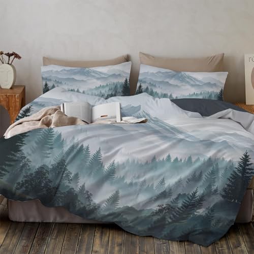 Duvet Cover,Microfiber Reversible Mist-shrouded tranquil forest California King Duvet Cover Set with Zipper Closure,3 Pieces Soft & Breathable Snow Mountain Range Bedding Set with 2 Pillow Shams - size: California King（104 x 98 in）