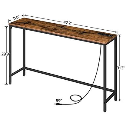 HOOBRO 47.2" Console Table with Power Outlets and USB Ports, Sofa Narrow Entryway Table with Charging Station, Behind Couch Table, Hallway, Foyer, Living Room, Bedroom, Rustic Brown BF301XG01G1
