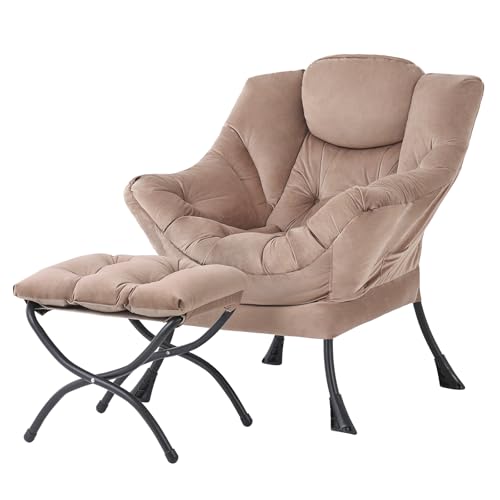 Lazy Chair with Ottoman, Comfy Reading Accent Chair, Velvet Khaki | Foldable Footrest, Padded Seat and Backrest, Side Pocket for Lounging in Living Rooms, Bedrooms, Dorms and Small Spaces - color: Khaki