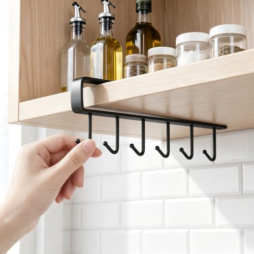 Under-Shelf Storage Rack with 6 Hooks, Space Saving for Cupboard Storage and Home Organization, 2PCS, Black - color: Black