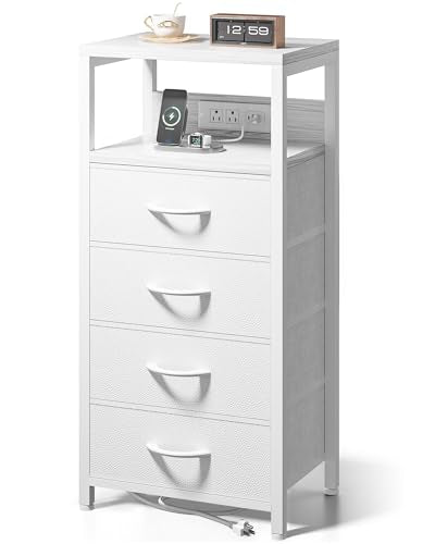 Lazzanto Night Stand with Charger Station, 4 Fabric Drawers, White | Nightstand, Bedside Table, Open Shelf, Built in USB-A, USB-C Port & AC Outlets, For Bedroom, Dorm, Living Room - color: White, size: 4 Drawers