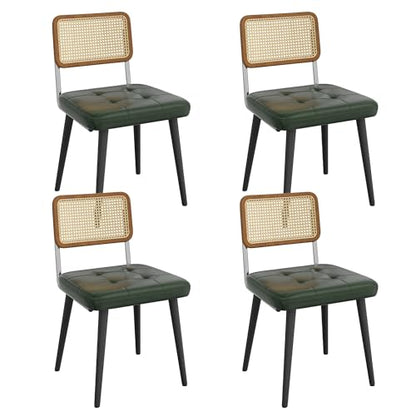 Garvee Rattan Dining Chairs Set of 4, Upholstered Dining Room Chairs with Rattan Backrest, Armless Side Chairs for Kitchen Living Room, Restaurant, PU Leather, Dark Green | Upholstered Kitchen Chairs with Rattan Backrest, Armless Side Chairs for Kitchen,
