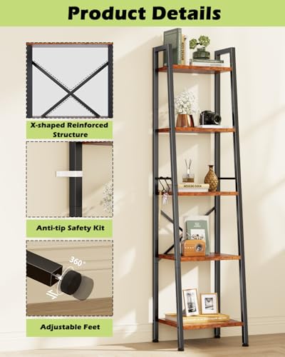 Furologee 5 Tier Ladder Shelf Bookcase, Tall Narrow Bookshelf with 2 Hooks, Rustic Brown Bathroom Corner Book Shelf, Metal Wood Book Case Standing Unit, Display Shelf for Living Room Office Kitchen