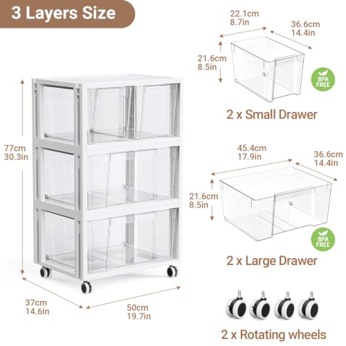 Stackable Storage Drawer Carts, Extra Large Bins 3 Tier 4 Drawers | Smooth Pull-Out Drawers, Clear Plastic Storage Organizer Container For Home Office Bedroom Bathroom Art Crafts Under Desk - size: 3 Tier 4 Drawer