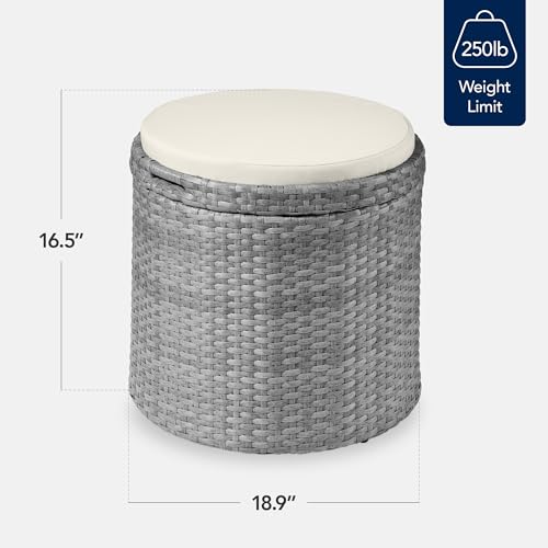 Best Choice Products Round Wicker Ottoman, Multipurpose Outdoor Furniture for Patio, Backyard, Additional Seating, Footrest, Side Table w/Storage, Removable Cushions – Gray/Cream - color: Gray/Cream