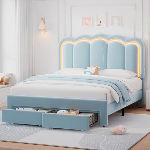 Full Upholstered LED Bed Frame with 2 Storage Drawers and Adjustable Chic Double Wavy Headboard, Velvet Princess Platform Bed with Charing Station, Solid Wood Slats Support,No Box Spring Needed,Blue - color: Blue, size: Full
