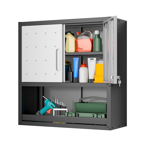 Garage Wall Cabinet,29.5" W Wall Mounted Garage Cabinets with Adjustable Shelf,Heavy Duty Lockable Metal Cabinet,Secure Hanging Tool Cabinet for Basement,Laundry Room,Workshop,Black/Grey - color: Black/Grey, size: 2 Doors & Open Storage