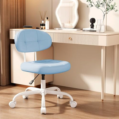 Misolant Vanity Chair with Back, Small Armless Cute Office Chair with Wheels and Lumbar Support, Comfy PU Leather Desk Computer Chairs with Adjustable Height, 360°Swivel for Home Bedroom Office, Blue - color: Blue