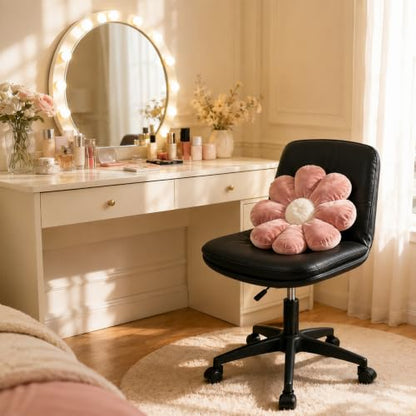 Adjustable Height Vanity Chair with Backrest, Armless PU Leather Desk Chair with Wheels & Lumbar Support, 360° Swivel Ergonomic Computer Office Chair for Home Office Makeup Desk, Black - color: Black