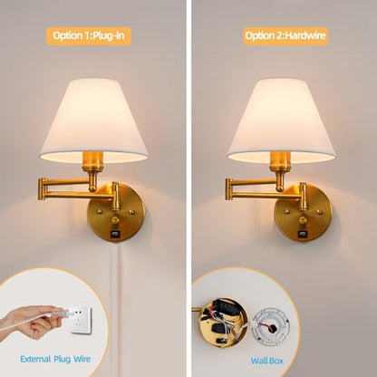 Swing Arm Wall Sconces, Plug-in Wall lamp,Bedroom Wall lamp ， White Fabric Shade，，with dimmable Switch and USB Charging Port, Suitable for Bedside, Living Room, Reading (Golden) - color: Golden
