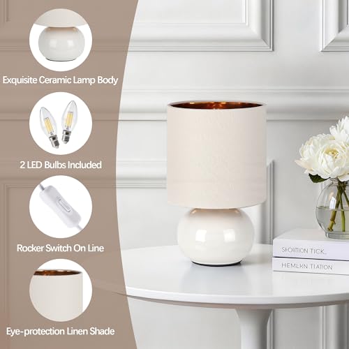Hamucd Ceramic Table Lamps Set of 2, Modern Classic Bedside Lamps for Nightstand, Small Table Lamp for Bedroom Living Room Desk End Table (White) - color: White