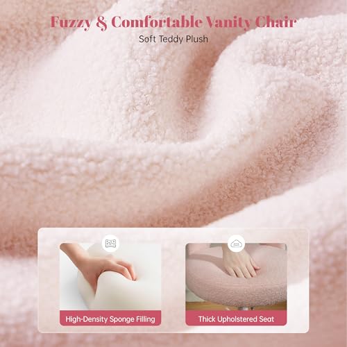 DurayLoly Vanity Chair with Open Back & Wheels,Armless,Pink | Armless,Silent Wheels, Height Adjustable, Soft Teddy Fabric, 360° Swivel for Bedroom Vanity & Home Office, Candy Pink - color: Candy Pink