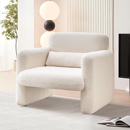 Modern Accent Single Sofa Chair with Arms, Lamb Fabric Upholstered Comfy Reading Arm Chair for Bedroom, Living Room-Beige - color: Beige, size: 30.31"D x 33.86"W x 31.5"H