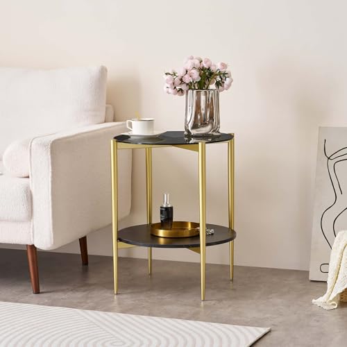 LumFurn D18in Round Glass End Table, Mid-Century Modern Side Table for Living Room, D18xH23inch, Grey Glass and Black Marble MDF Wood, Conical Legs with Gold Finish Frame - color: D18" Grey & Black Marble