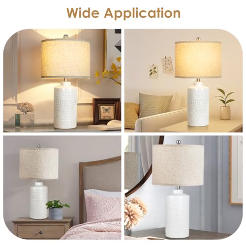 JUNNAI White Ceramic Table Lamp with Beige Shade: 3-Way Dimmable Night Stand Light Lamp 24.5" Modern Table Lamps for Living Room Bedroom End Table Office Entryway Lamps (Bulb Included - color: Beige Lampshade