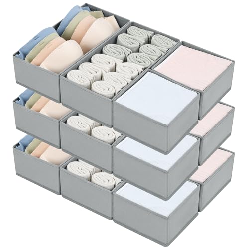 DIMJ Drawer Organizers for Clothing, Set of 12 Dresser Drawer Organizers, Fabric Closet Organizers and Storage, Drawer Dividers for Baby Clothes, Socks, Belt, Tie (Grey) - color: Gray, size: 12 Pack