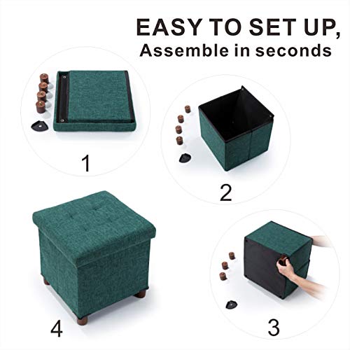 15 Inches Storage Ottoman with Wooden Legs, Cube Foot Rest Stool/Square Footstool Storage for Living Room, Foldable Fabric Ottoman, Comfortable Seat with Lid, Space-Saving Green