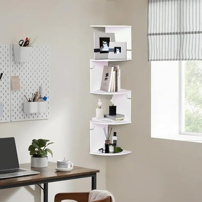 ShellKingdom Corner Shelf Wall Mount, 5 Tier Corner Bookshelf, Floating Display Shelves for Home, Living Room, Bedroom, Office, Bathroom, Small Spaces Decorations, 7.87 X 7.87 X 33.46 INCHES (White) - size: 5 Tier