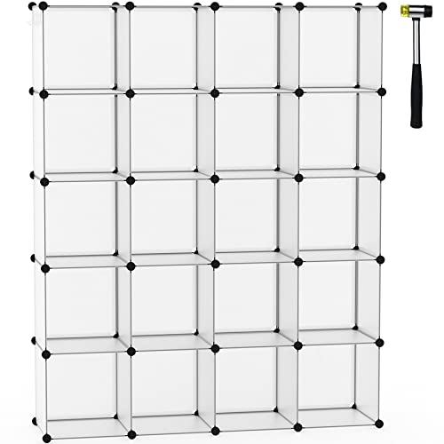 C&AHOME 20-Cube Shelf, Plastic Cube Storage Organizer, DIY Bookshelf White | Stackable Modular Closet Cabinet Ideal for Bedroom, Living Room, Office, 48.4" L x 12.4" W x 60.6" H - color: Transparent White, size: 20-Cube