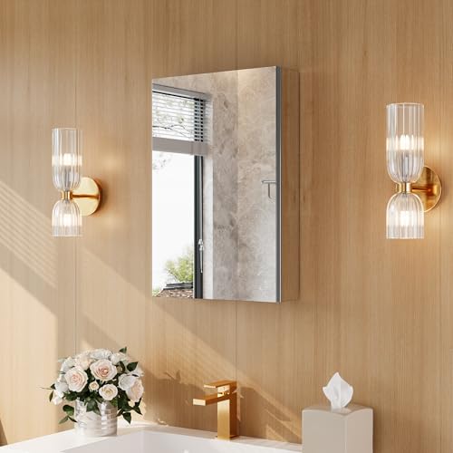 16" x 24" Bathroom Medicine Cabinet with Mirror, Recessed or Wall Mount | Medicine Cabinets with Adjustable Glass Shelves, Soft-Closed Hinge, Chrome Aluminum Frame, Reverse Installation - size: 16" x 24"