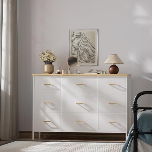 VASICAR Wide TV Stand Modern TV Console, 9 Drawers Dresser for Bedroom | Fabric Storage Cabinet, Chest of Drawers for Closet, Nursery, Living Room（Classic White） - color: White-retro Top