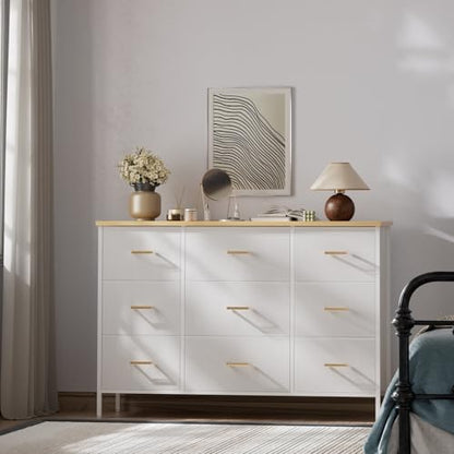 VASICAR Wide TV Stand Modern TV Console, 9 Drawers Dresser for Bedroom | Fabric Storage Cabinet, Chest of Drawers for Closet, Nursery, Living Room（Classic White） - color: White-retro Top