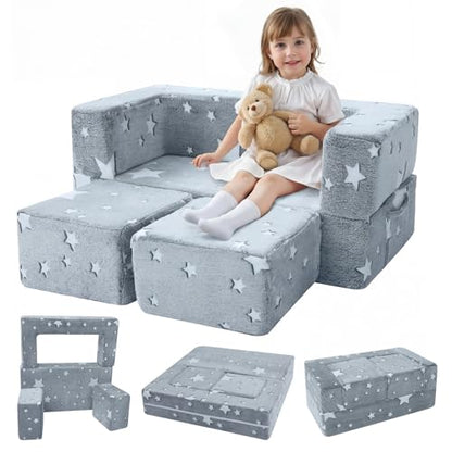 MeMoreCool Glow in Dark Star Kids Couch, Fold Out Foam Play Sofa, Grey | Glow in dark star kids couch, grey foam sofa folds out for playroom fort building play - color: Stars