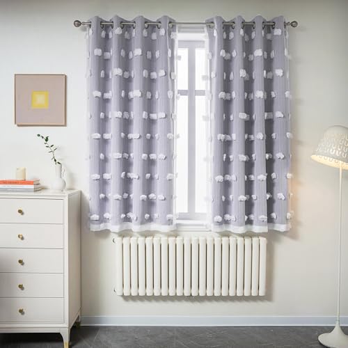 MYSKY HOME Lilac Curtains for Girls Bedroom Kids Curtain 54 Inches Length White Pom Pom Sheer Small Window Curtains 2 Panels Double Layer Curtains Grommet Room Darkening Nursery Curtains, W52 X L54 - color: Lilac, size: 52"W x 54"L (Pack of 2)