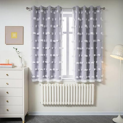 MYSKY HOME Lilac Curtains for Girls Bedroom Kids Curtain 54 Inches Length White Pom Pom Sheer Small Window Curtains 2 Panels Double Layer Curtains Grommet Room Darkening Nursery Curtains, W52 X L54 - color: Lilac, size: 52"W x 54"L (Pack of 2)