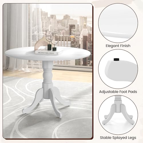 COSTWAY Round Dining Table for 4, 39-inch Wooden Kitchen Table with Solid Rubber Wood Frame, Curved Trestle Legs, Adjustable Foot Pads, Mid Century Rustic Dinning Table for Living Room (White) | Curved Trestle Legs, Adjustable Foot Pads, Mid Century Rusti
