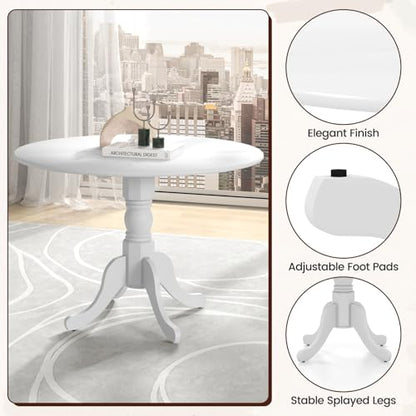 COSTWAY Round Dining Table for 4, 39-inch Wooden Kitchen Table with Solid Rubber Wood Frame, Curved Trestle Legs, Adjustable Foot Pads, Mid Century Rustic Dinning Table for Living Room (White) | Curved Trestle Legs, Adjustable Foot Pads, Mid Century Rusti