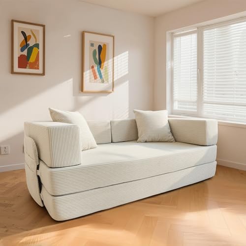 5-in-1 Futon Sofa Bed Queen Floor Convertible Couch Foldable Lounge White | Multi-Position Convertible Lounge Couch for Guest Room & Apartment, Removable Washable Cover, Space Saving - color: Beige