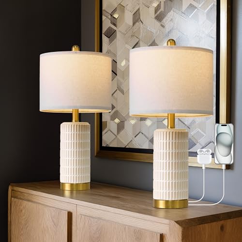 PoKat Small Bedside Table Lamps with USB Ports for Bedroom, 21.5'' White Nightstand Lamps for Night Stands, Modern Ceramic Bedroom Lamps for Living Room End Table, White and Beige - color: 21.5'' Small - White and Beige