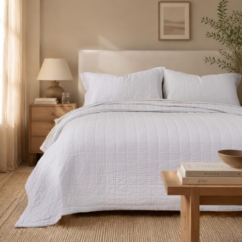 Pre-Washed Cotton King Size Quilt Set 98x106 Waffle Textured | Lightweight Breathable Bedspread Coverlet,All Season Bedding Set,Fits King & Cal King，with 2 Pillow Shams Cream - color: White, size: King-98x106