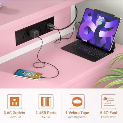 Computer Desk with 2 Fabric Drawers - Reversible Home Office Desk with Power Outlet & LED Lights, 53" Writing Desk with Monitor Stand & Storage Shelves, Gaming Desk Study Table with Pegboard, Pink - color: Pink