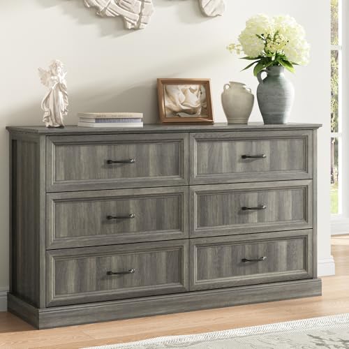 Farmhouse 6 Drawer Dresser for Bedroom, 55" Grey Dresser with TV Stand | Wide Dresser with Large Drawers & Bar Handles, Rustic Wood Chest of Drawers for Living Room, Hallway, Entryway. - color: Grey, size: 16"D x 55"W x 31"H (6 Drawers)