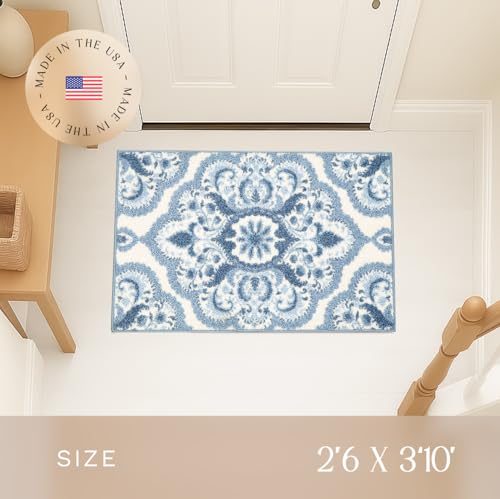 Maples Rugs Vivian Medallion Area Rug – Made in USA – Washable, Non-Slip Indoor Carpet for Kitchen, Entryway, and Living Room, 2'6 x 3'10, Blue/White - color: Blue/White, size: 2'6" x 3'10" (Rectangular)